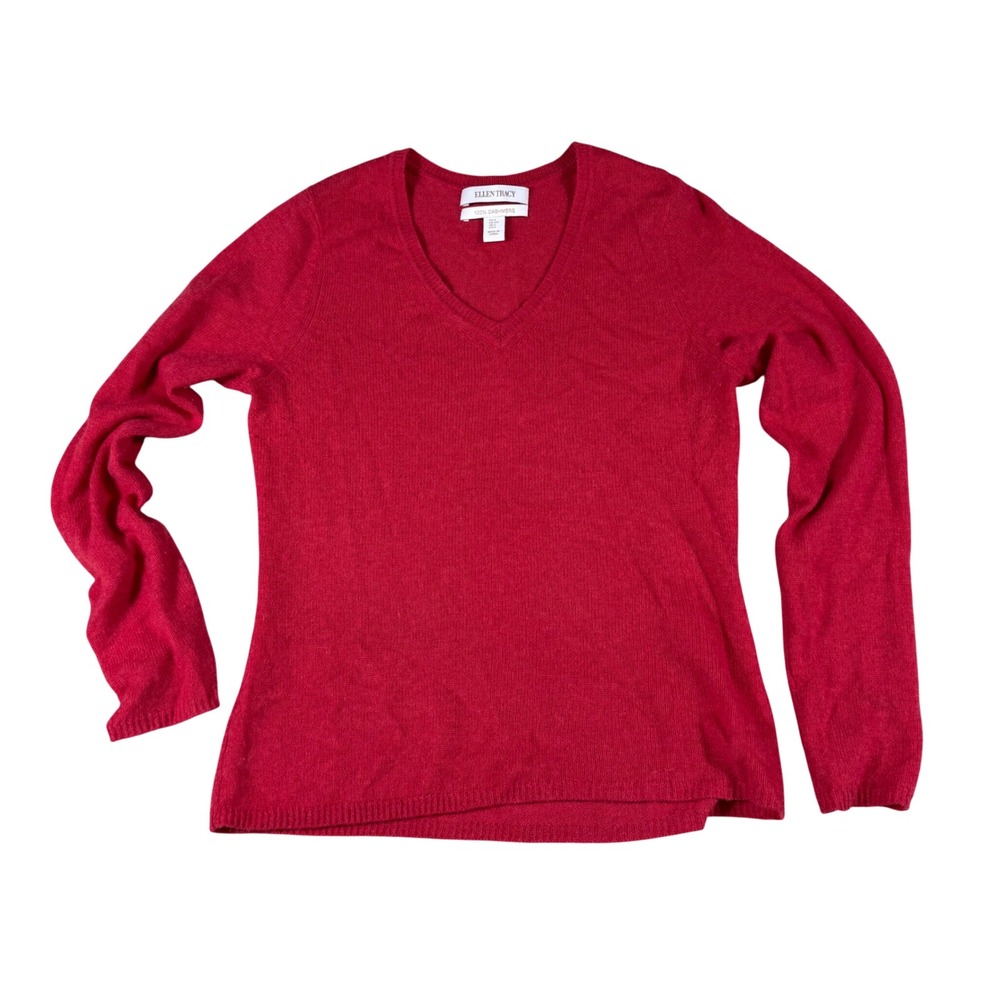 100% Cashmere V-Neck Strawberry Red Long Sleeve Sweater Womens Small